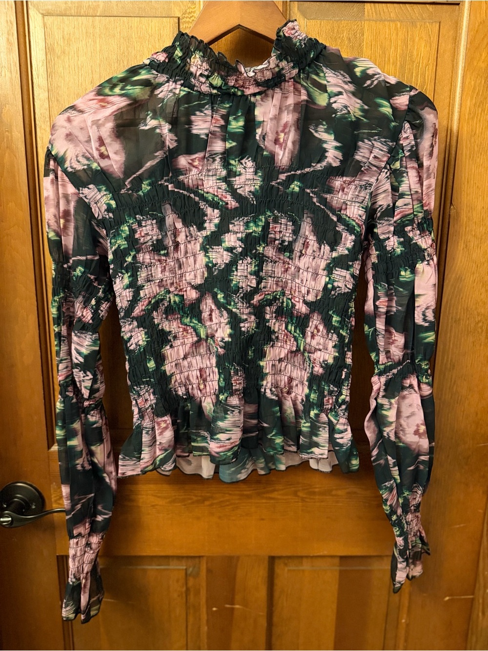 Steve Madden Pink and Black Smocked Long Sleeve Blouse